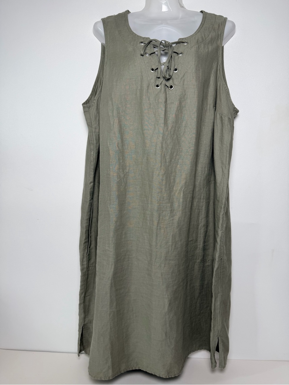 ADRIENNE VITTADINI Women's 1X Peasant Sheath 100% Linen Pocketed Front Tie Dress